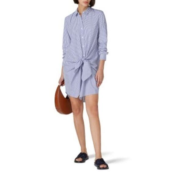 THAKOON COLLECTIVE Blue Stripe Pattern Tie Waist Button Front Shirtdress Size 10 - Picture 1 of 13